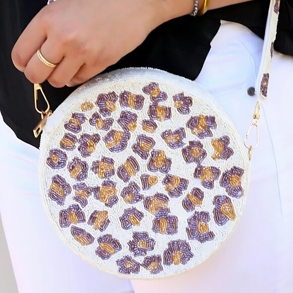 Anthropologie Leopard Animal Round Full Glass Beaded Round Bag with Beaded Strap - Picture 6 of 6